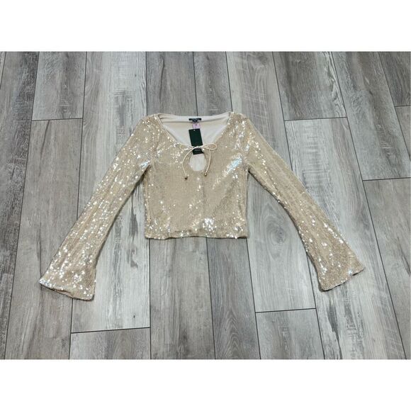 Wild Fable sequin holiday bell sleeve semi crop top elegant bling cream blouse s - Picture 1 of 10